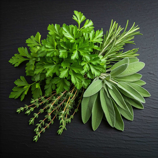 AP-W (Parsley, Rosemary, Sage, Thyme) A variety of fresh herbs arranged on a dark surface. The herbs include parsley, rosemary, sage, and thyme.