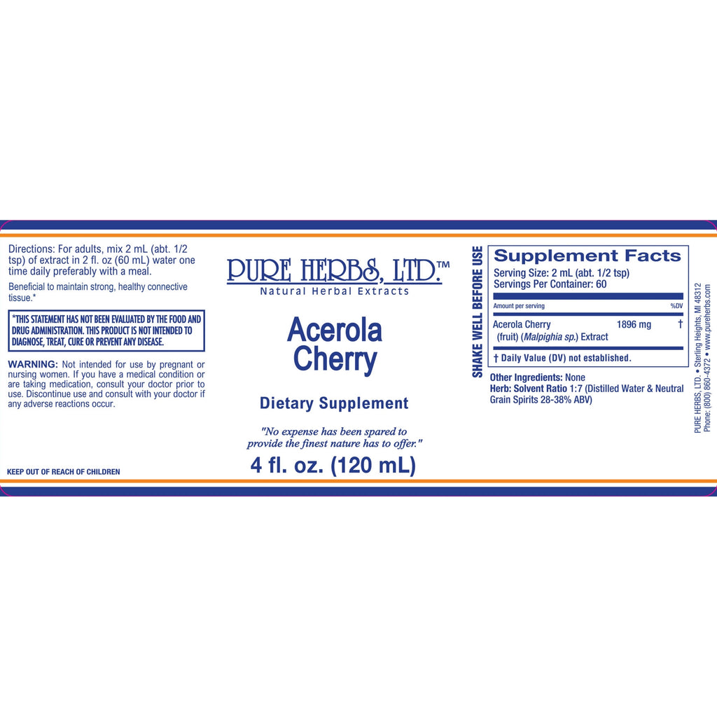A white supplement label for Pure Herbs Ltd. Acerola Cherry dietary supplement, 4 fl.