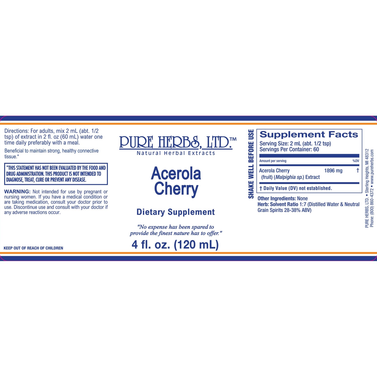 A white supplement label for Pure Herbs Ltd. Acerola Cherry dietary supplement, 4 fl.
