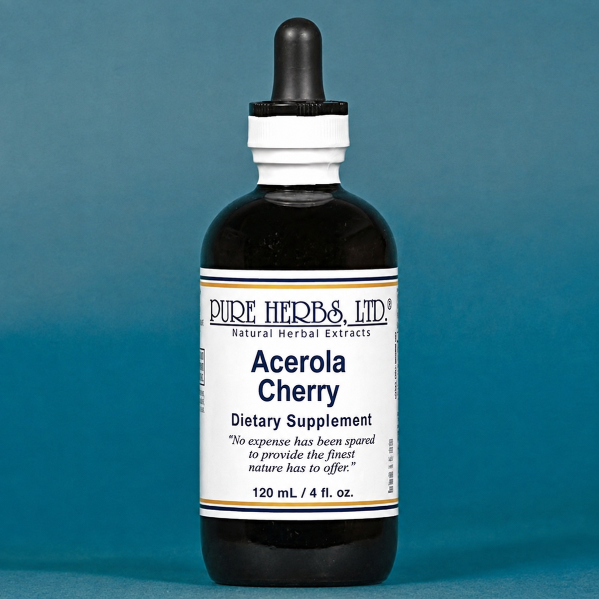 A bottle of Pure Herbs, Ltd. Acerola Cherry dietary supplement, featuring a dark amber glass bottle with a black dropper cap and a white label, set against a solid blue background.