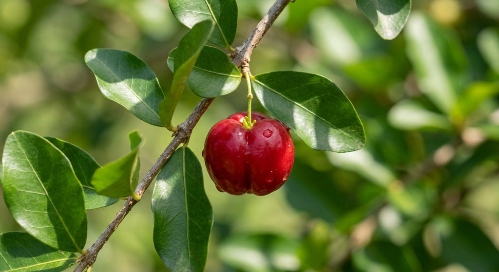 A ripe, glossy red cupuacu fruit hanging from a branch with green leaves, set against a soft-focus natural green background.