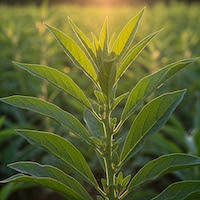 A close-up photo of a green plant with large leaves. The sun is shining brightly in the background, creating a warm glow on the leaves.