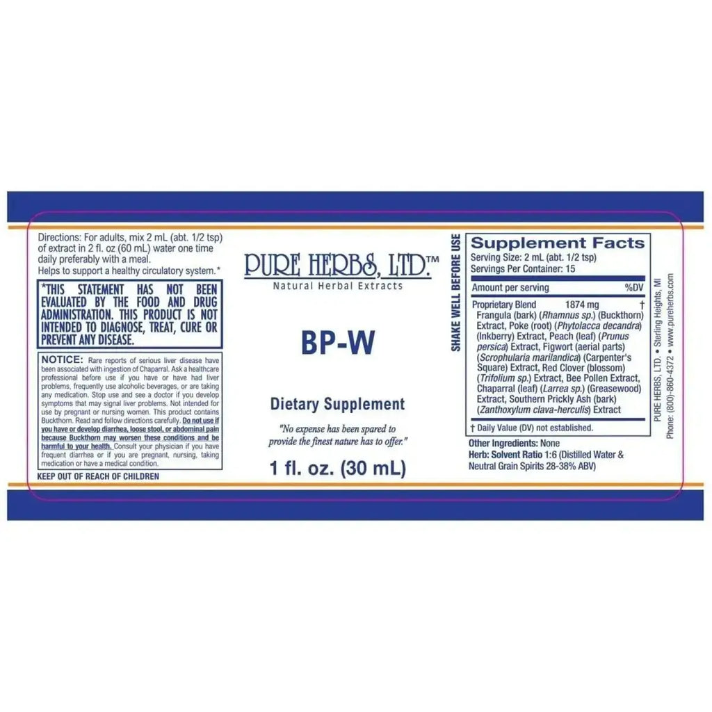 BP-W (Bee Pollen, Buckthorn, Carpenter's Square, Greasewood, Inkberry, Peach Leaf, Southern Prickly Ash, Red Clover),