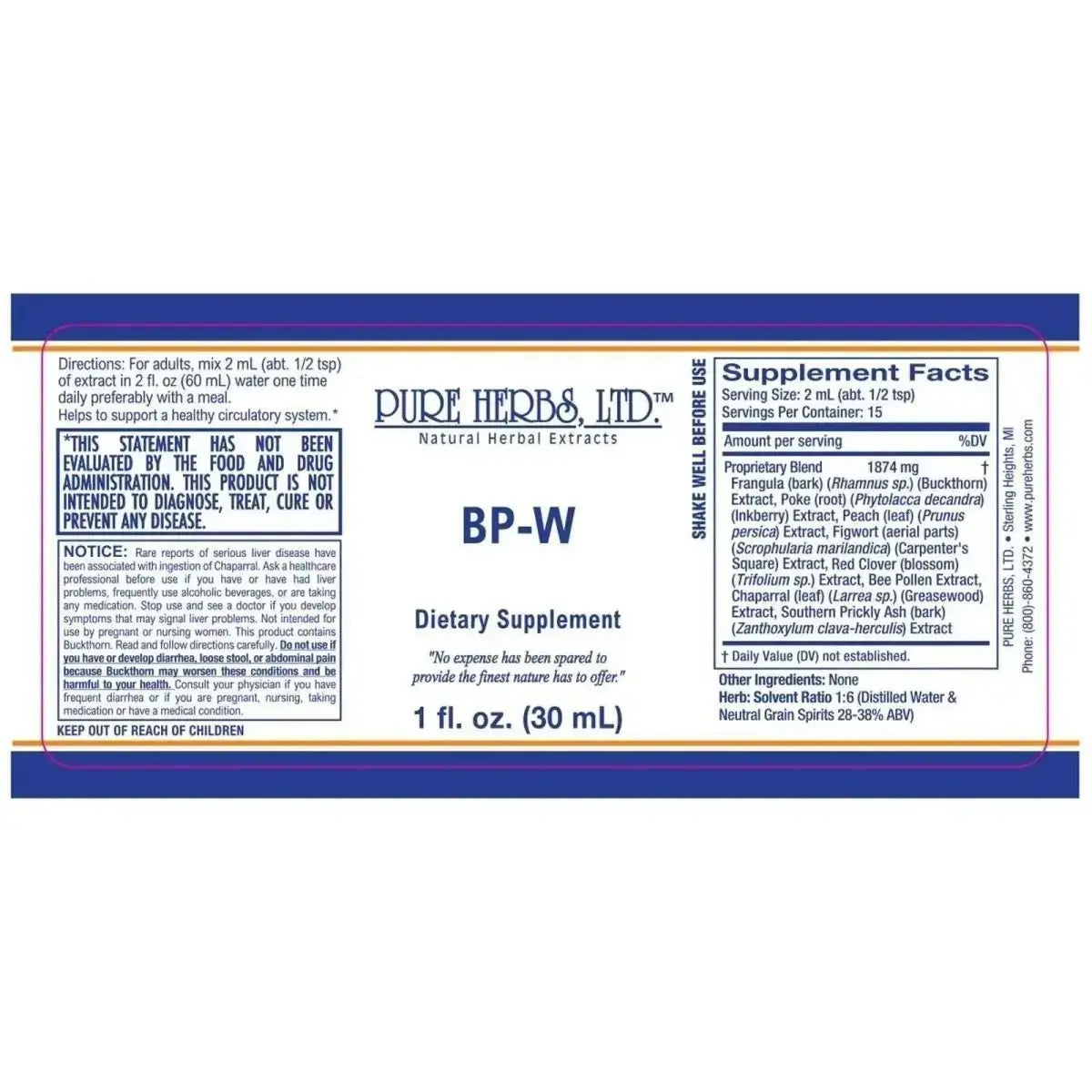 BP-W (Bee Pollen, Buckthorn, Carpenter's Square, Greasewood, Inkberry, Peach Leaf, Southern Prickly Ash, Red Clover),