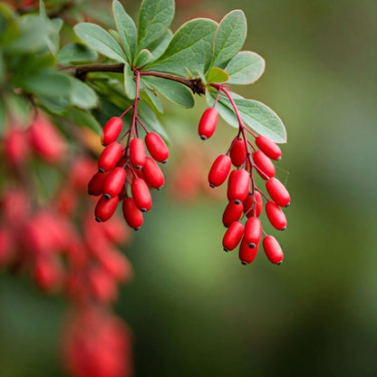 A close-up photo of a Barberry (Berberis vulgaris) bush. The bush has bright green leaves and is loaded with clusters of small, bright red berries.