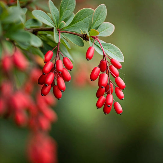 A close-up photo of a Barberry (Berberis vulgaris) bush. The bush has bright green leaves and is loaded with clusters of small, bright red berries.