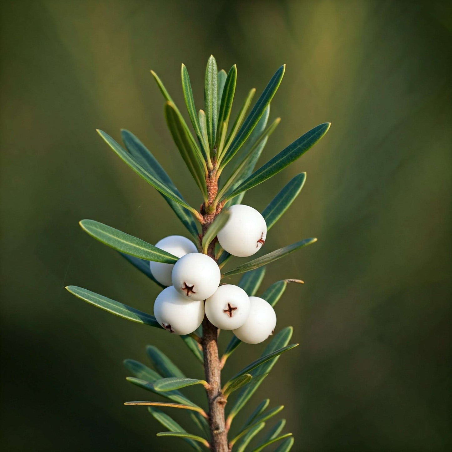 Bayberry (Myrica cerifera) A close-up photo of a branch with small, white berries and thin, green leaves.