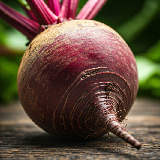 Beet Root (Beta vulgaris) Close-up of a single beetroot with leaves attached, resting on a wooden surface.