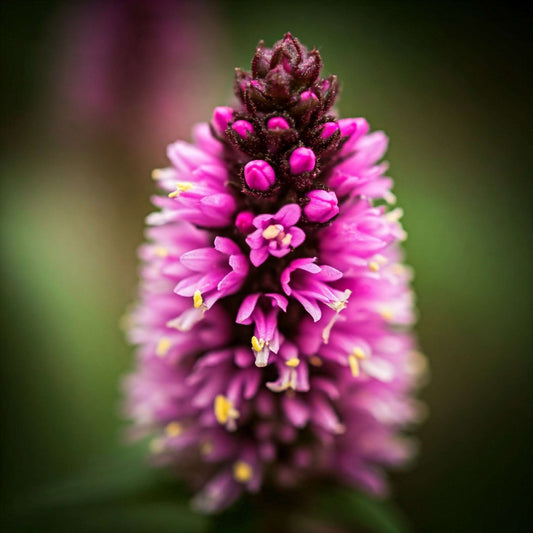 Bistort (Polygonum bistorta) A close-up photo of a bright pink flower with a cone-like shape. The flower has many small, densely packed petals, with a darker purple center.