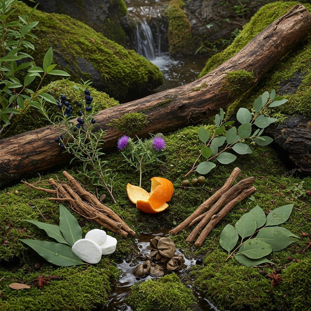 Astragalus, Bilberry, Bitter Orange, Blessed Thistle, Eucalyptus, Gentian, Indian Tobacco, Marshmallow, Mullein Leaf, Olive Leaf, Yerba Santa together in natural setting- Futures ETC