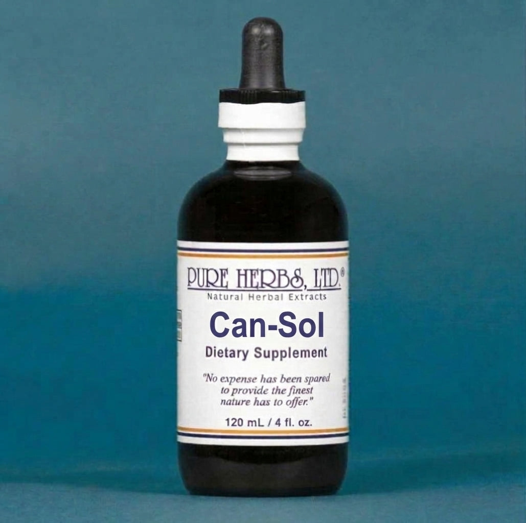 A 120 mL bottle of Pure Herbs & Ltd. Can-Sol dietary supplement, featuring a dark amber glass bottle, white label, and black dropper cap, set against a solid teal-blue background.