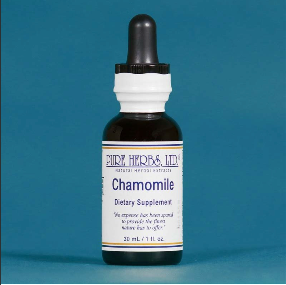 A 30 mL bottle of Chamomile dietary supplement by Pure Herbs, Ltd. The dark amber glass bottle has a white label with blue text and a black dropper cap, set against a solid teal-blue background.