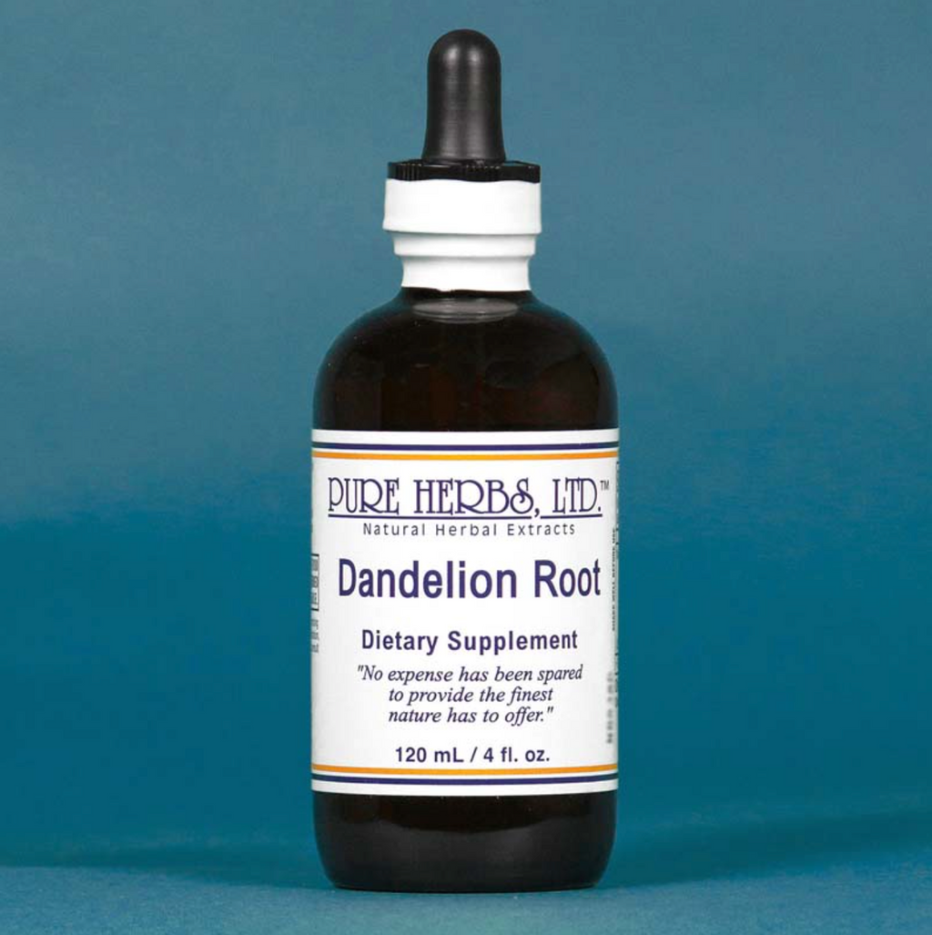 A 120 mL amber glass dropper bottle of Pure Herbs Ltd. Dandelion Root dietary supplement, featuring a white label with blue text and a black dropper cap, set against a solid blue background.