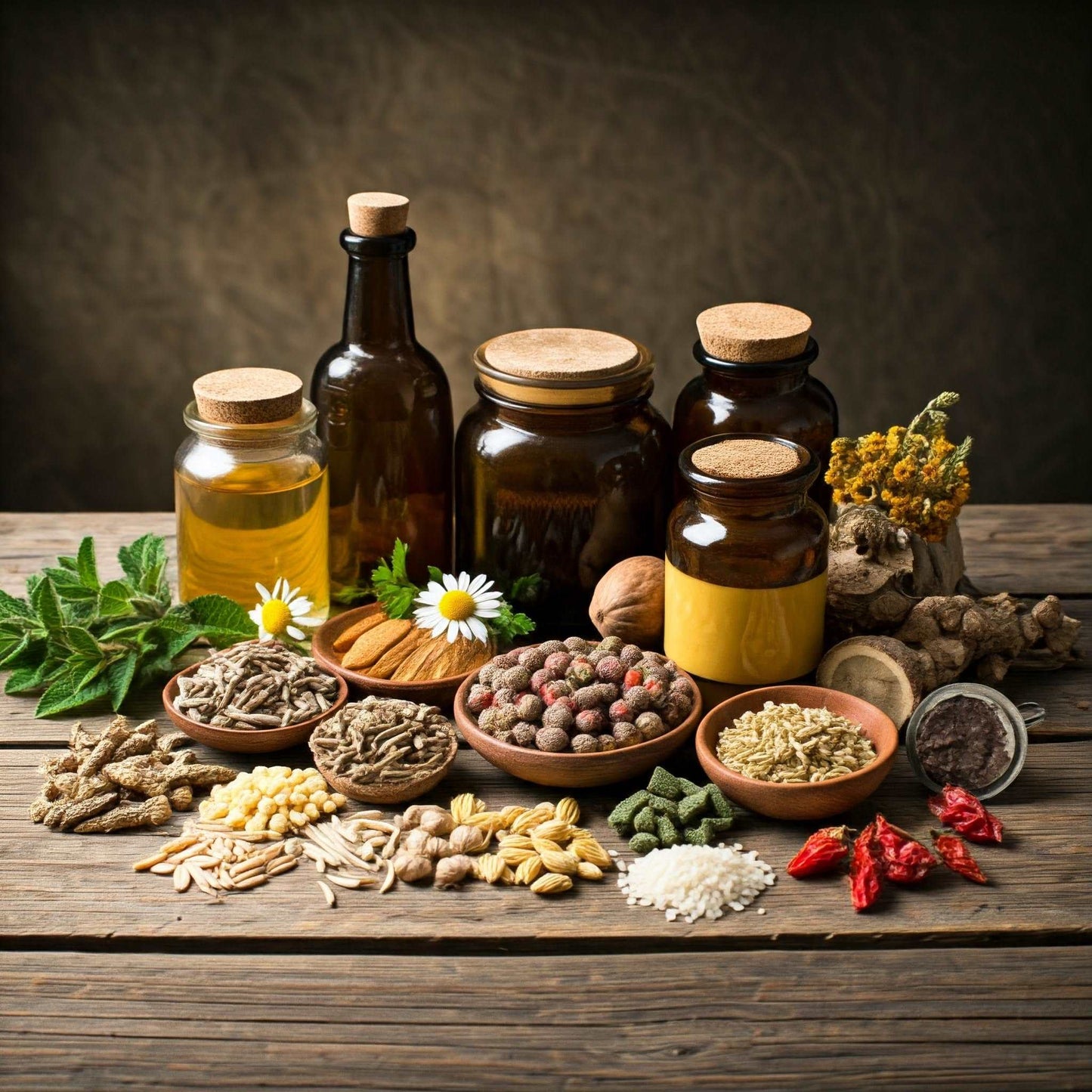 A diverse collection of medicinal herbs and supplements arranged on a rustic wooden table. The image showcases a variety of ingredients, including Blessed Thistle flowers, Brewer's Yeast flakes, Gentian root, Mullein leaves, Saw Palmetto berries, Bladderwrack seaweed, Cassava root, Irish Moss, Kelp, Alfalfa sprouts, Barberry berries, Black Walnut hulls, Chamomile flowers, Gotu Kola leaves, Parsley, Scullcap flowers, Bee Pollen, Indian Sarsaparilla root, Licorice root, Hawthorn berries, Motherwort leaves...