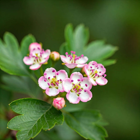 Close-up of pink and white hawthorn flowers with green leaves in the background