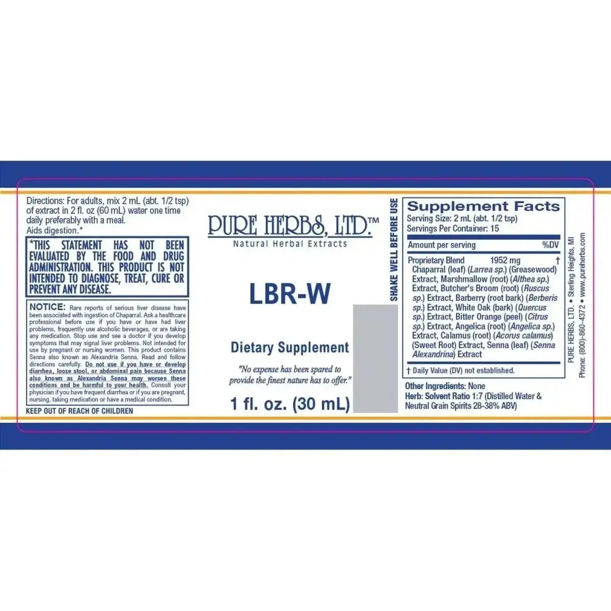 LBR - W (Angelica, Barberry, Bitter Orange, Butcher's Broom, Greasewood, Marshmallow, Senna, Sweet Root, White Oak Bark)