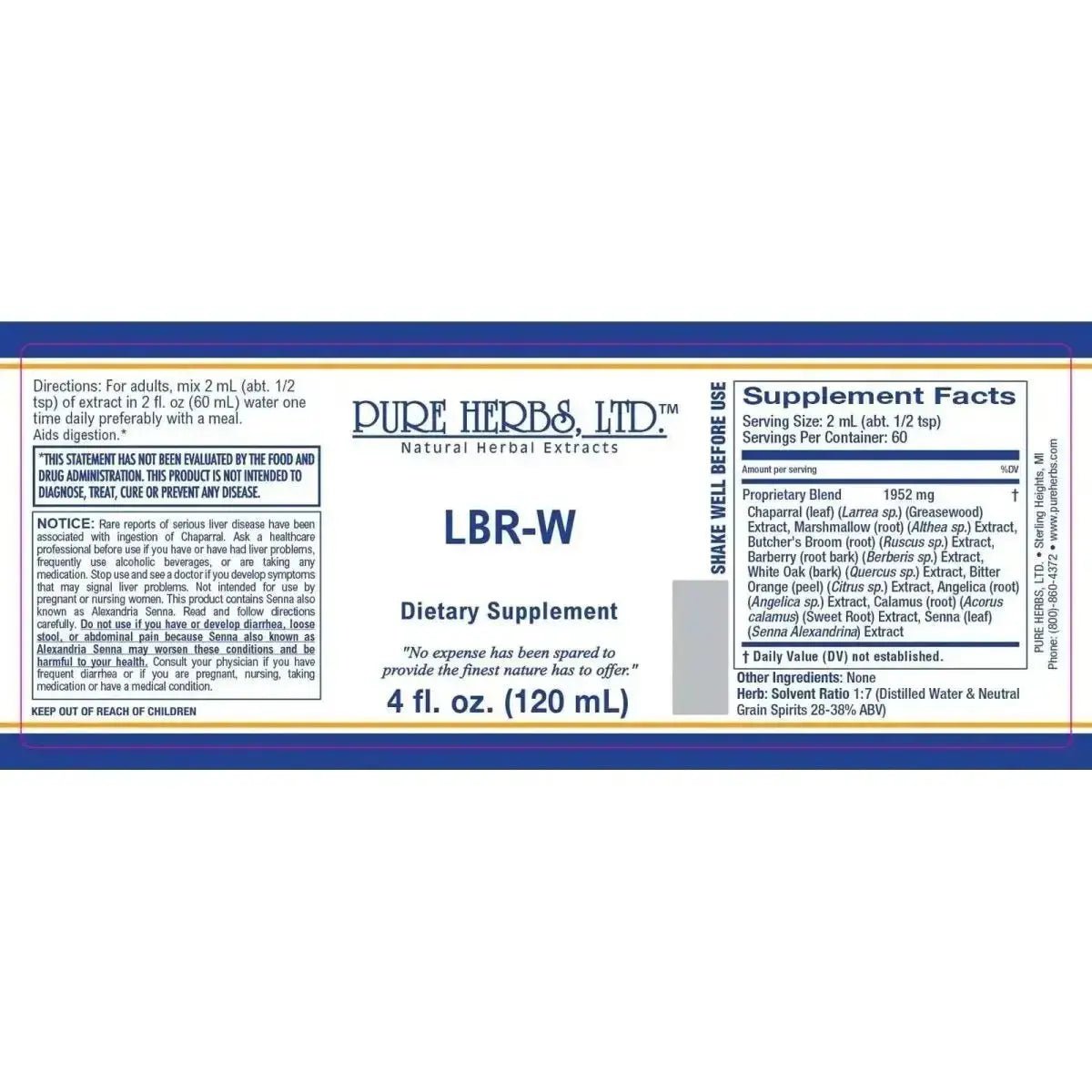 LBR - W (Angelica, Barberry, Bitter Orange, Butcher's Broom, Greasewood, Marshmallow, Senna, Sweet Root, White Oak Bark)