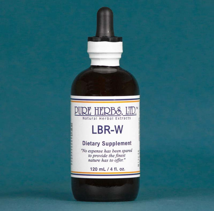 A 120 mL amber glass dropper bottle of Pure Herbs, Ltd. LBR-W dietary supplement, featuring a white label and black dropper cap, set against a solid teal background.