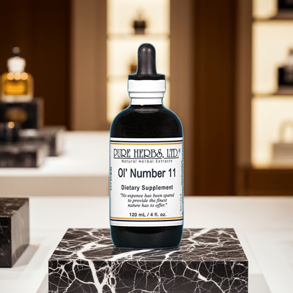 Ol' Number 11 (cáscaras de nuez negra, jengibre verde, tabaco indio, malvavisco, hojas de gordolobo, escutelaria, raíz de hueso, corteza de roble blanco)