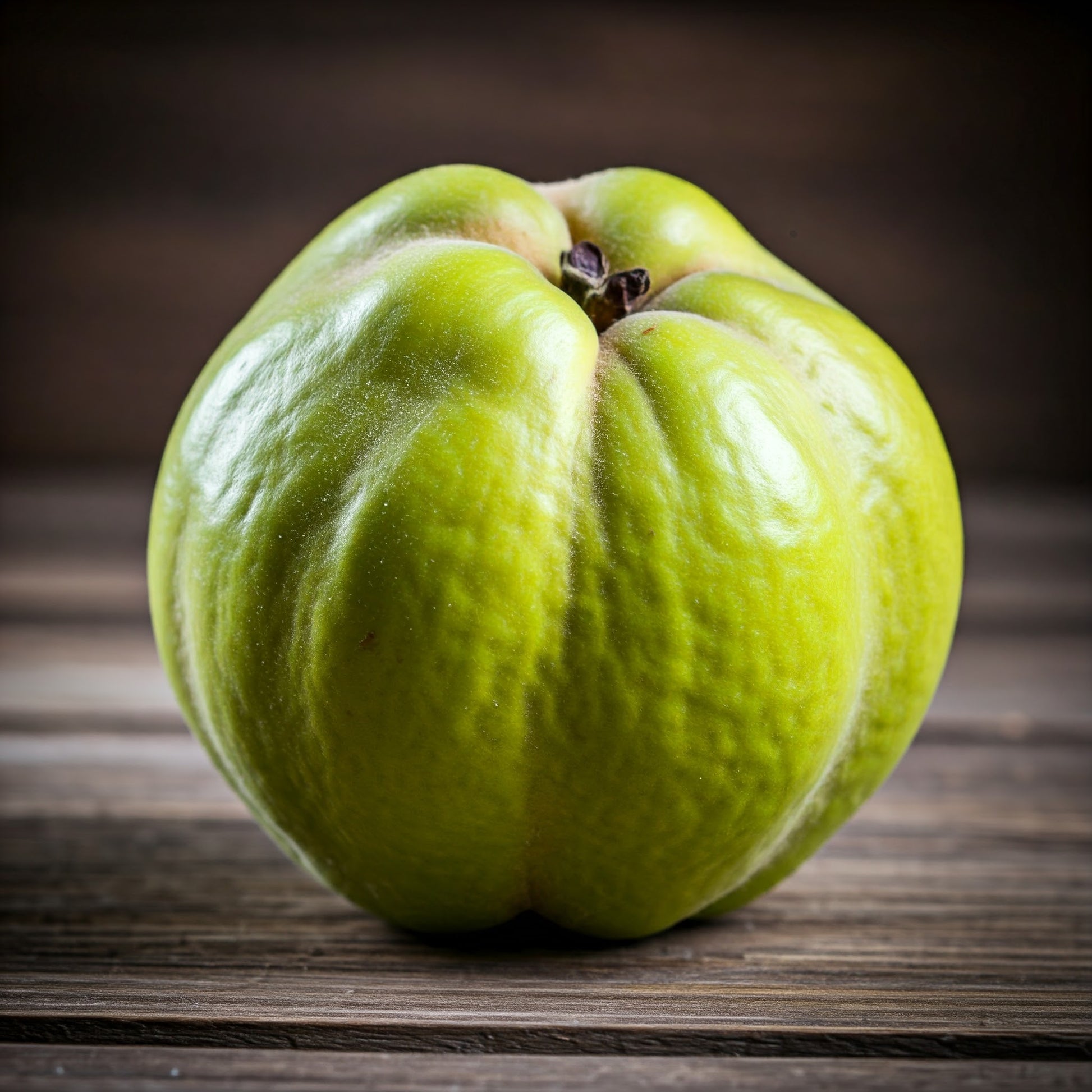 A close-up of a single quince fruit on a wooden surface. The quince is a pale yellow color with a slightly wrinkled skin. The fruit is round and has a small stem at the top.