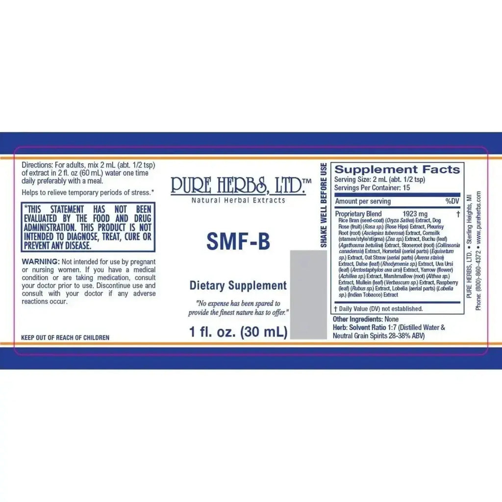 SMF - B (Buchu, Cornsilk, Dulse, Horsetail, Indian Tobacco, Marshmallow, Mullein Leaf, Oat Straw, Pleurisy Root)