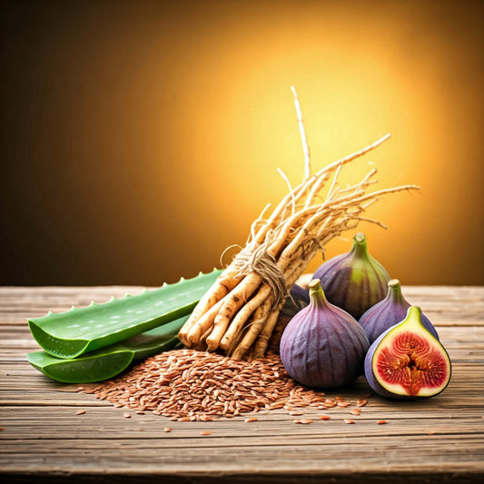 A still life photograph of a collection of ingredients commonly used in natural remedies: a vibrant green aloe vera leaf, a cluster of fresh dandelion roots, a bunch of ripe figs, and a handful of golden flax seeds, arranged on a rustic wooden table with a soft, natural light source.