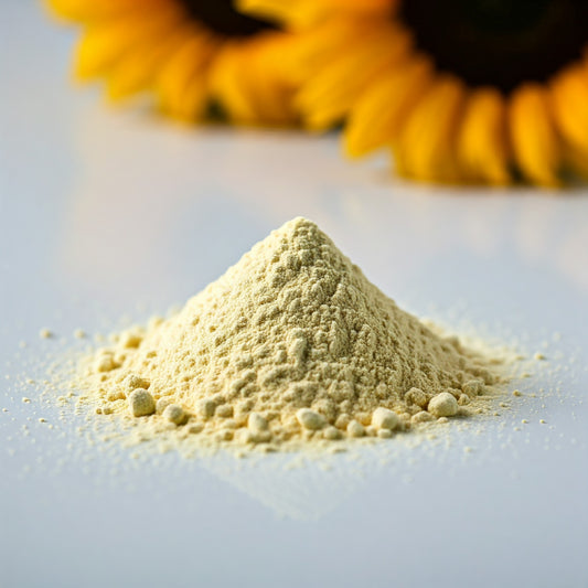 A pile of light yellow sunflower lecithin powder scattered on a white surface. The powder has a fine, granular texture. Also has a blurred background with two yellow and brown sunflower plants.