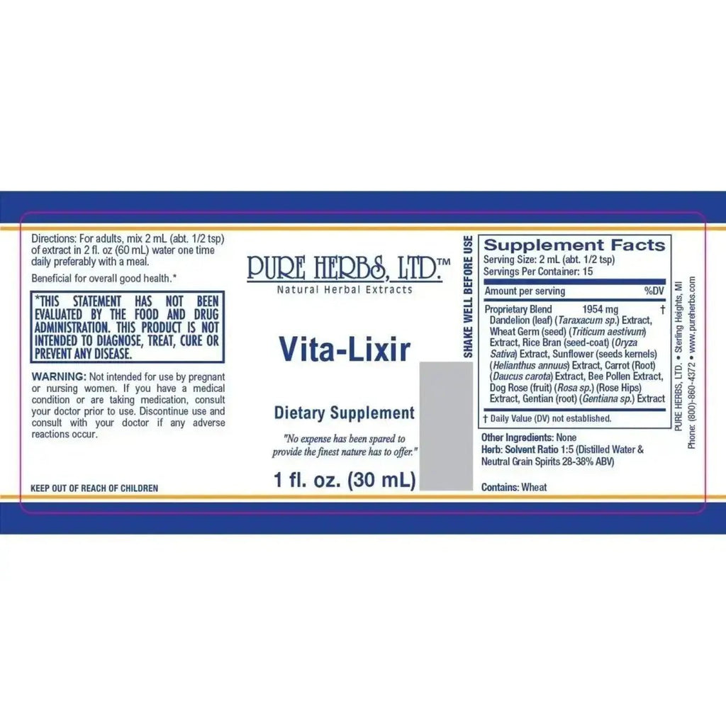 Vita - Lixir (Bee Pollen, Carrot Root, Dandelion Leaf, Gentian, Rice Bran, Sunflower Seed, Wheat Germ, Wild Rose Hips)