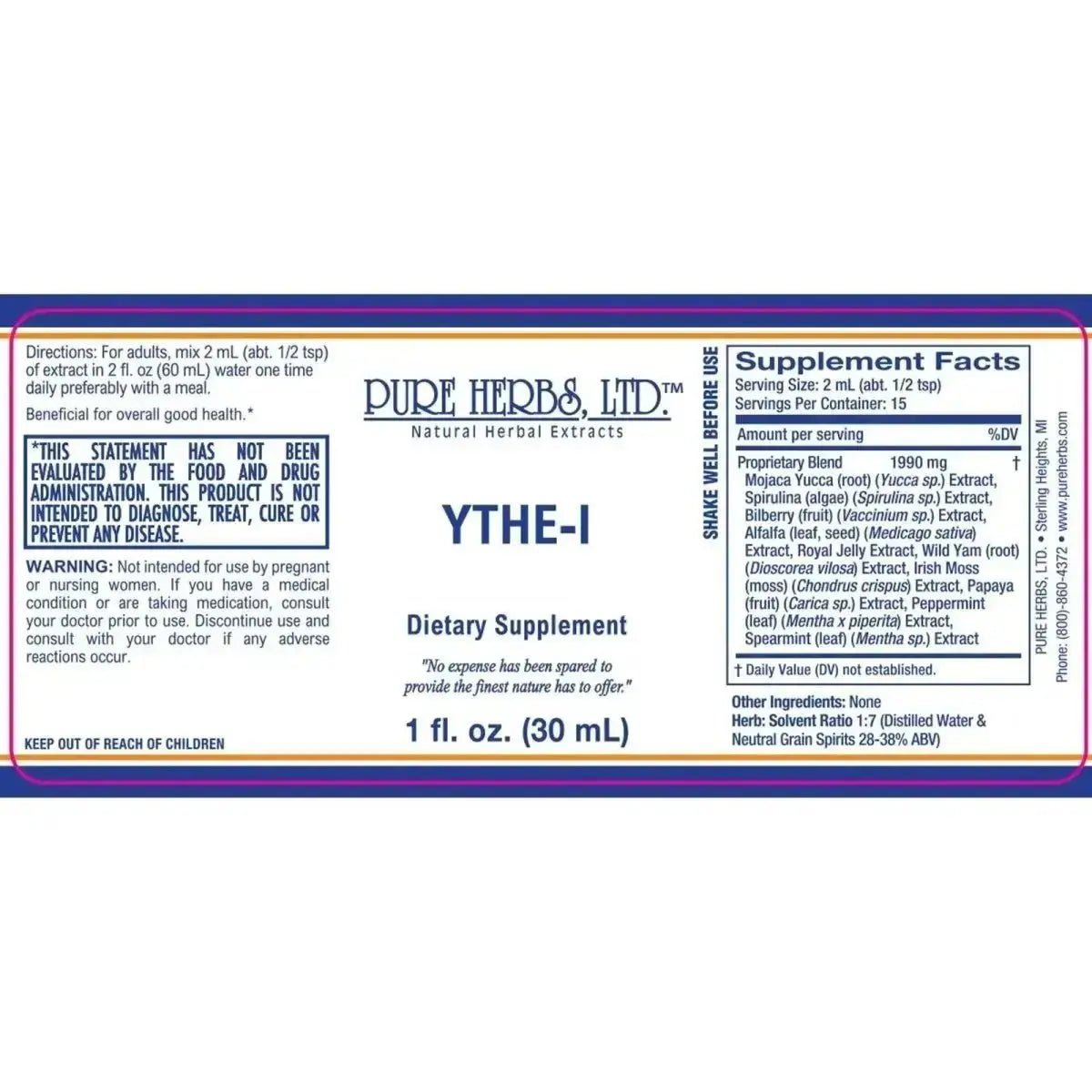 YTHE - I (Alfalfa, Bilberry, Irish Moss, Papaya, Peppermint Leaf, Royal Jelly, Spearmint Leaf, Spirulina, Wild Yam, Yucca) -