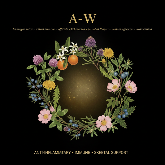 A-W Herbal Blend – Anti-Inflammatory, Immune & Skeletal Support | Alfalfa (Medicago sativa), Bitter Orange (Citrus aurantium), Dandelion Root (Taraxacum officinale), Echinacea (Echinacea purpurea), Juniper Fruit (Juniperus communis), Mullein Leaf (Verbascum thapsus), Marshmallow (Althaea officinalis), Oregon Grape (Mahonia aquifolium), Wild Rose Hips (Rosa canina) | Botanical tincture illustration on black background with gold typography
