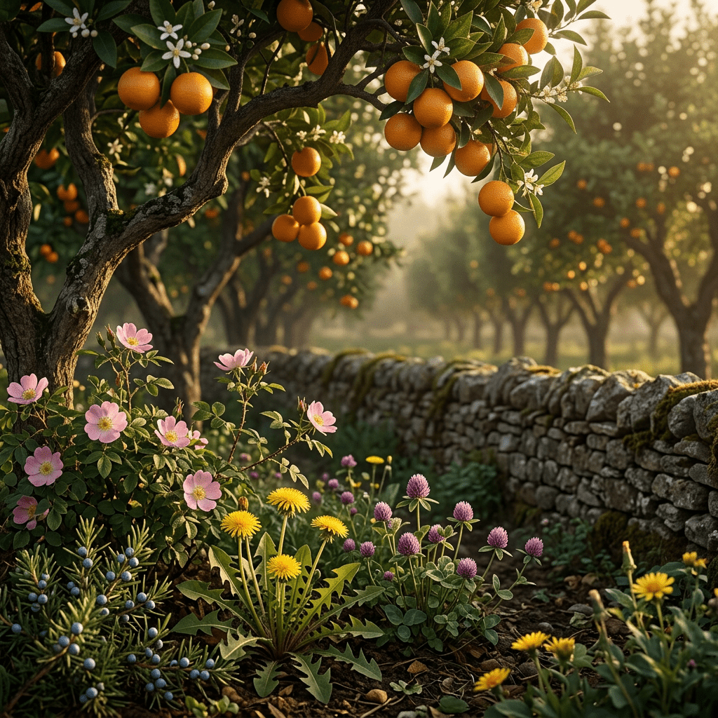 A-W-inspired botanicals at a golden-lit orchard edge