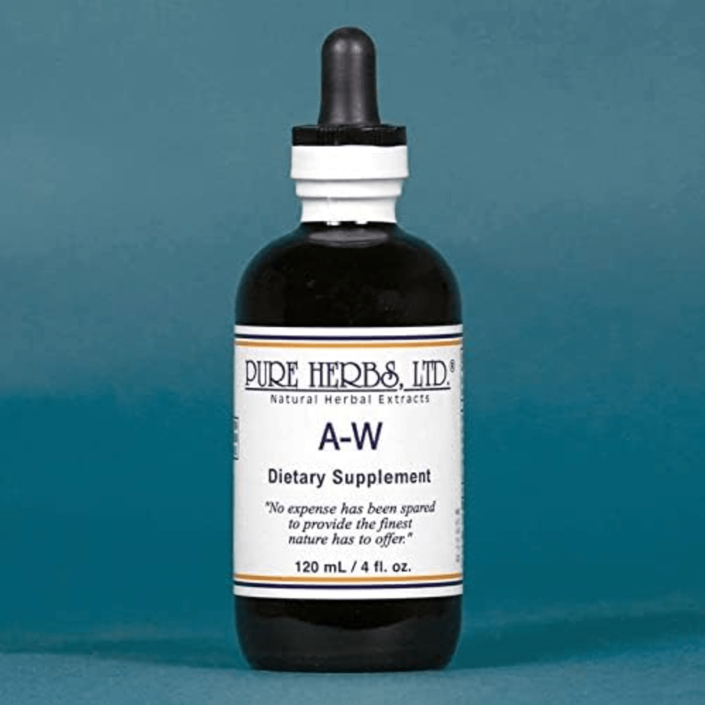 A 120 mL dark amber glass dropper bottle of Pure Herbs & Ltd. A-W Dietary Supplement, featuring a white label and black dropper cap, set against a solid blue background.
