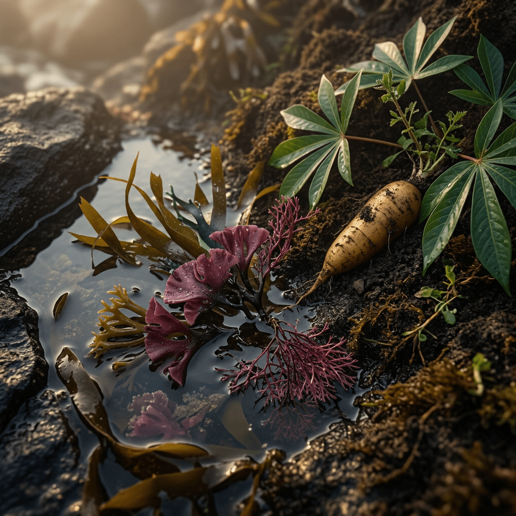 Seaweed and botanical accents in a moody coastal scene