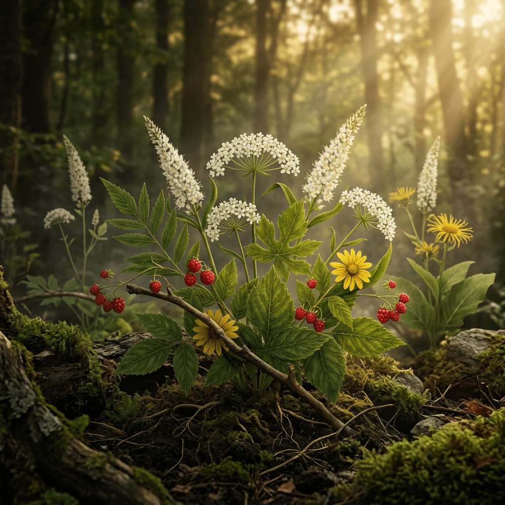 AEA-B botanicals growing together in a golden-lit woodland scene