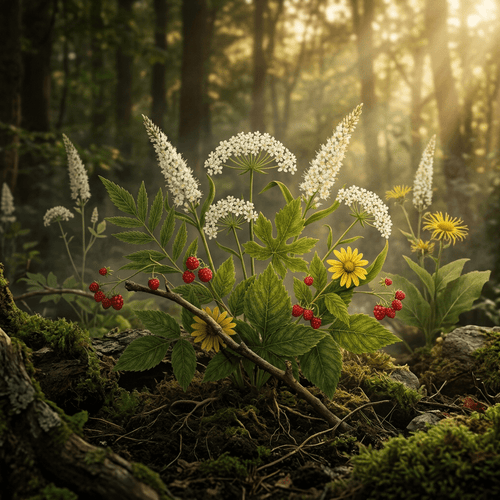 AEA-B botanicals growing together in a golden-lit woodland scene