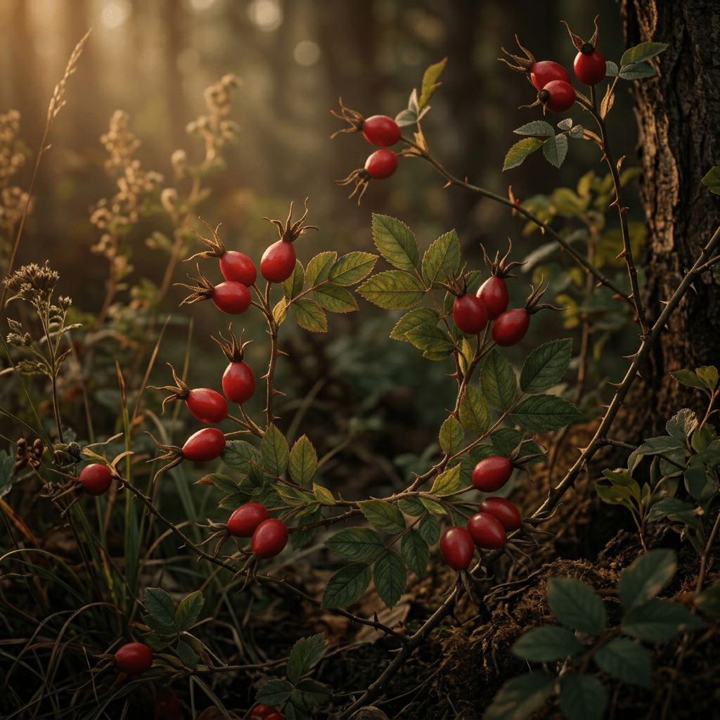 Rose hips growing naturally in a moody woodland setting