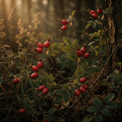 Rose hips growing naturally in a moody woodland setting