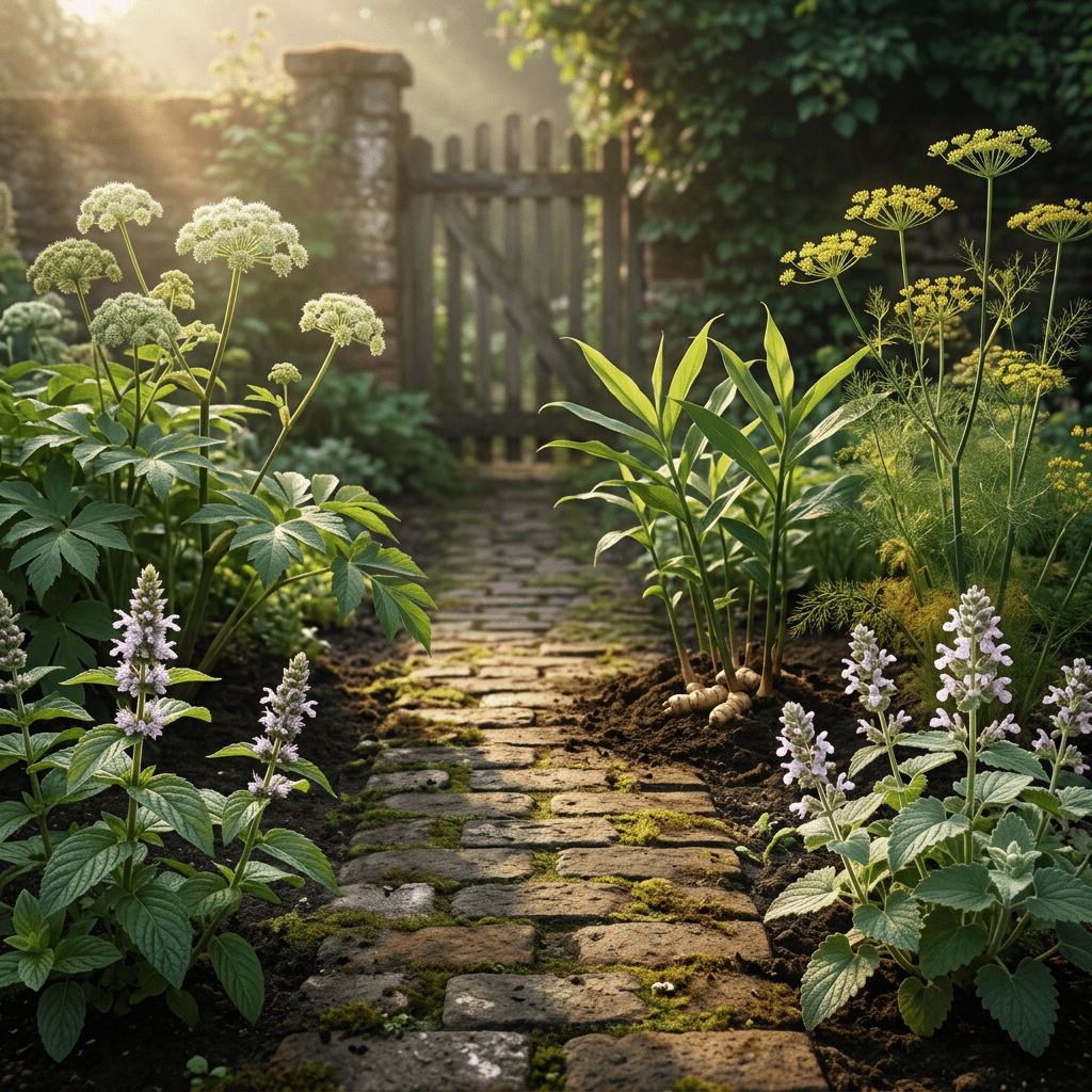AG-W herbs beside a weathered brick garden path