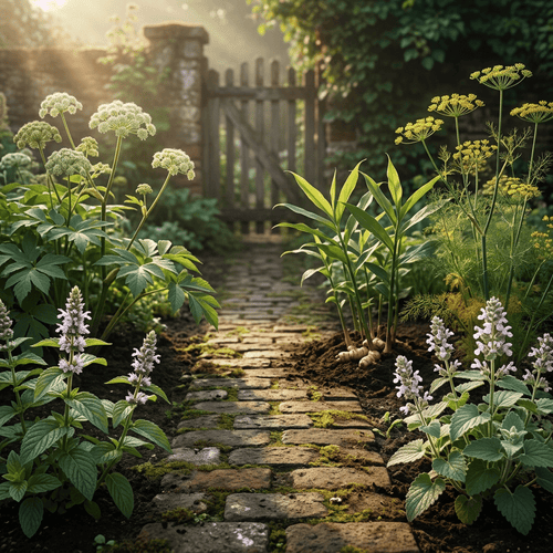 AG-W herbs beside a weathered brick garden path