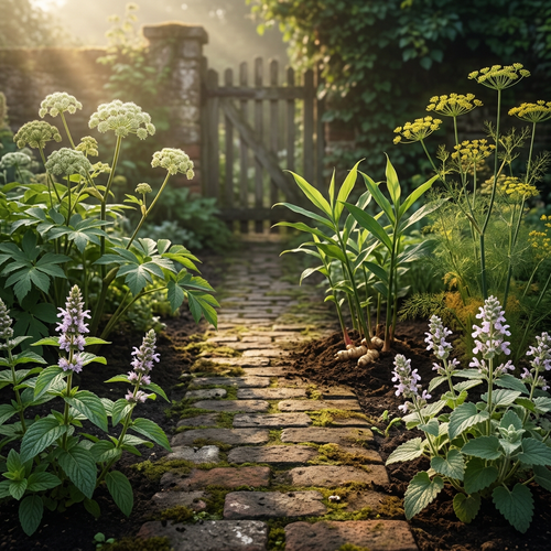 AG-W herbs beside a weathered brick garden path