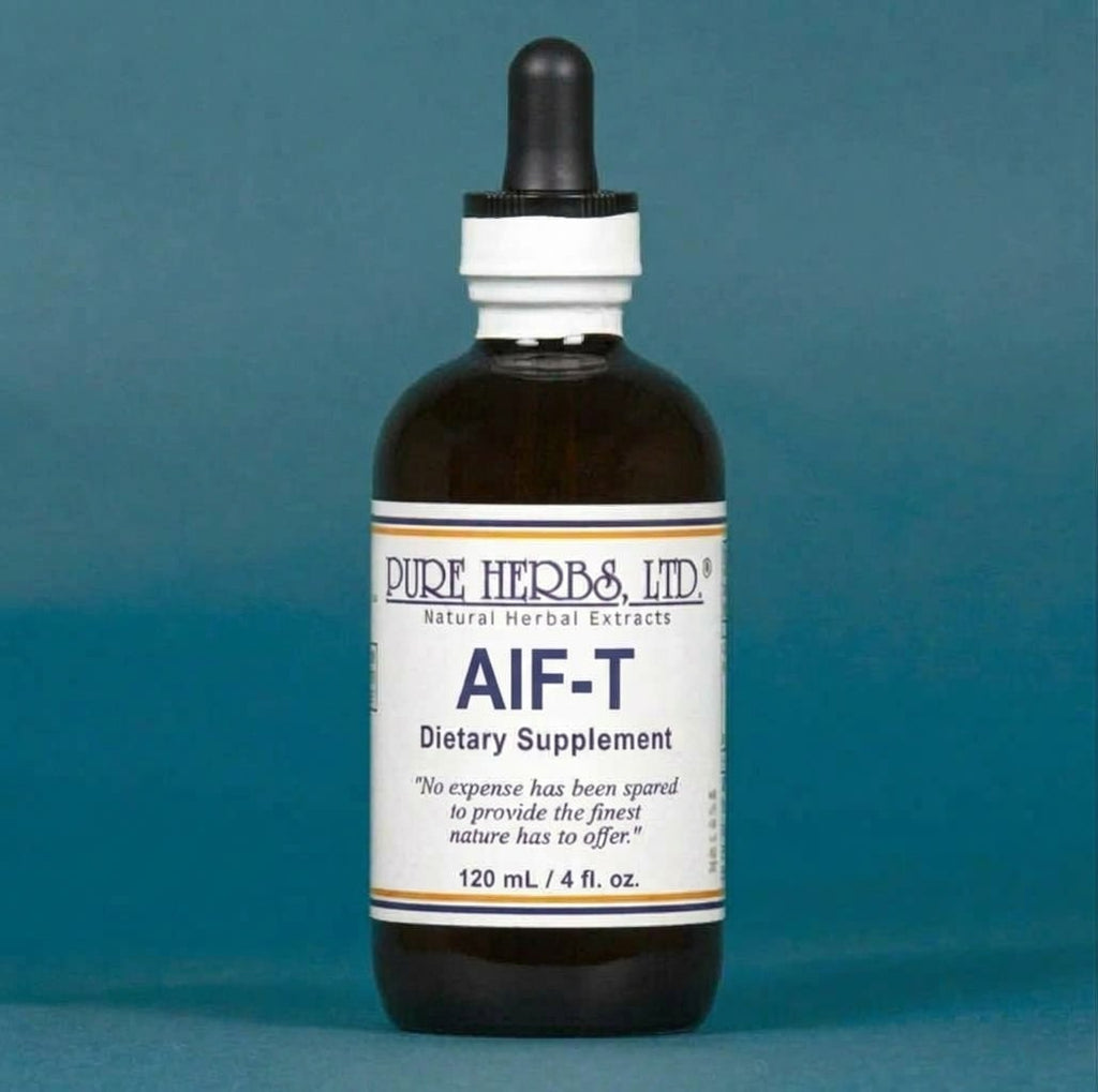 A 120 mL amber glass dropper bottle of Pure Herbs, Ltd. AIF-T dietary supplement, set against a solid teal-blue background.