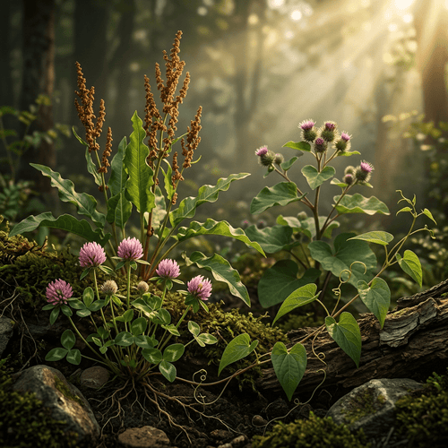 AIF-T botanicals growing together in a moody woodland scene