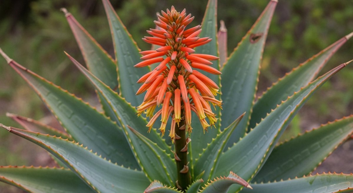 Aloe vera plant with orange flowers in a natural setting