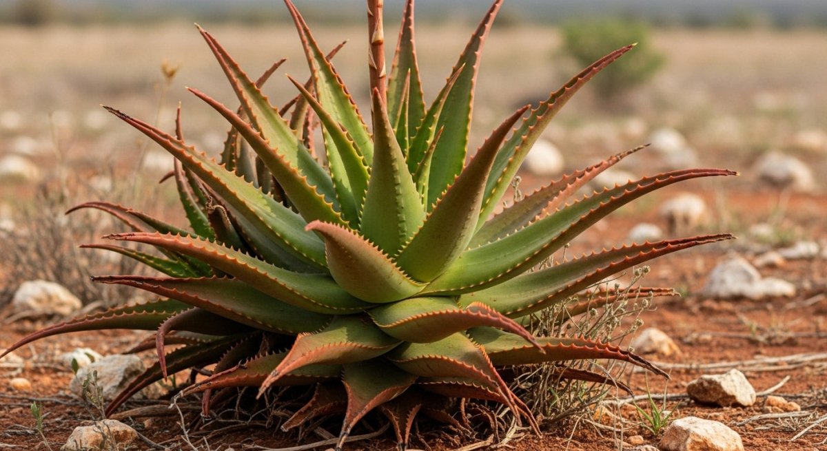 Aloe Ferox plant in a natural outdoor setting with rocks and dry grass.