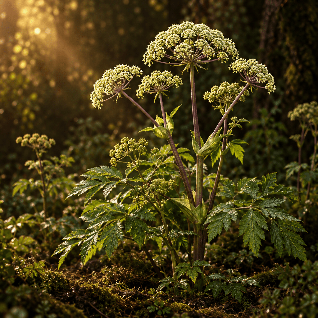 Angelica growing naturally in a moody woodland clearing
