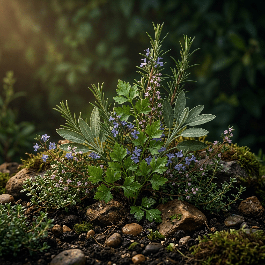 Parsley, rosemary, sage, and thyme growing together in a moody herb garden