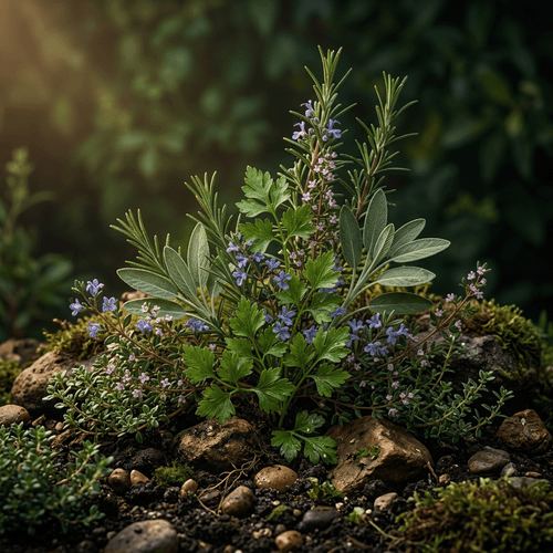 Parsley, rosemary, sage, and thyme growing together in a moody herb garden