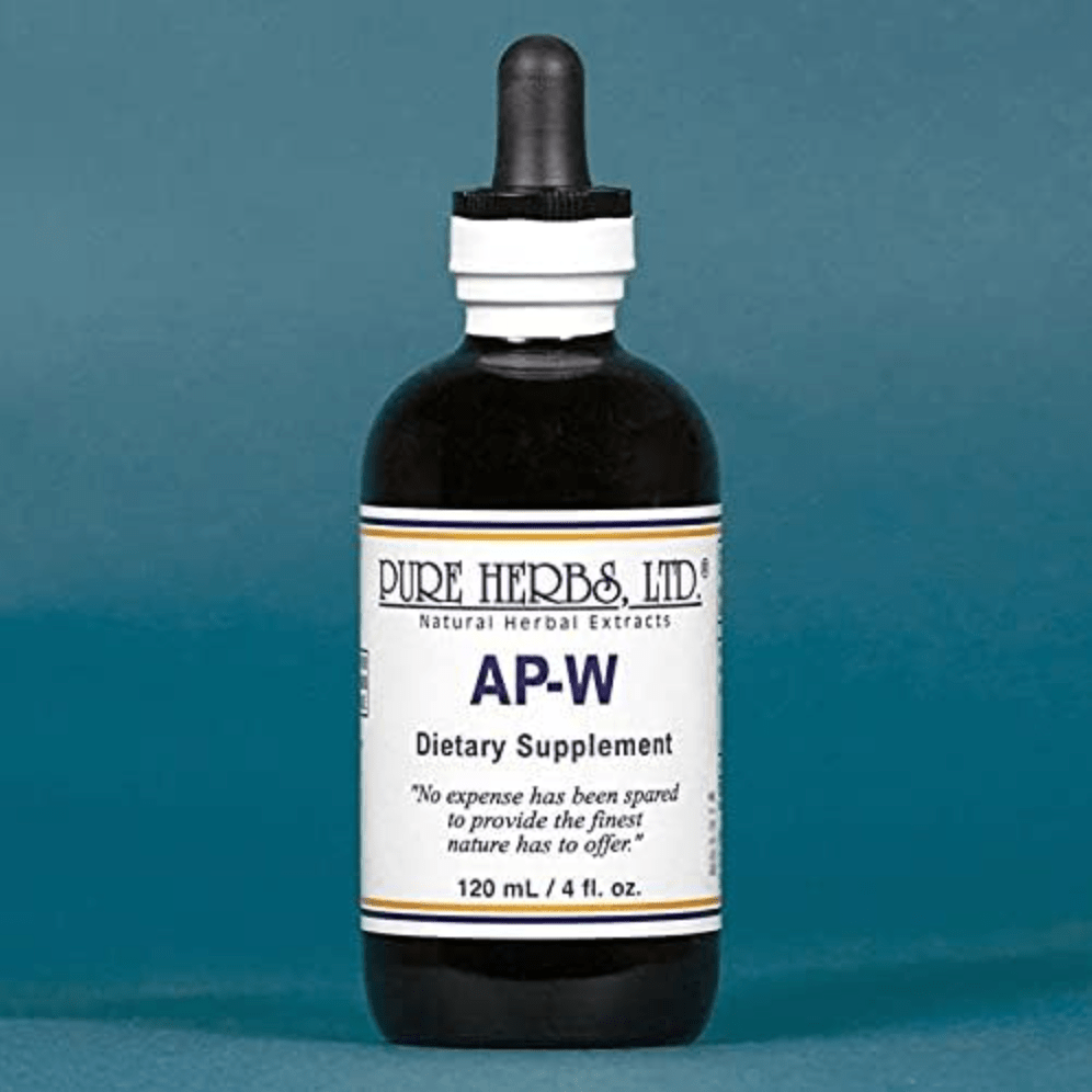 A dark amber glass dropper bottle of Pure Herbs Ltd. AP-W Dietary Supplement, featuring a white label with blue and black text, set against a solid teal-blue background.