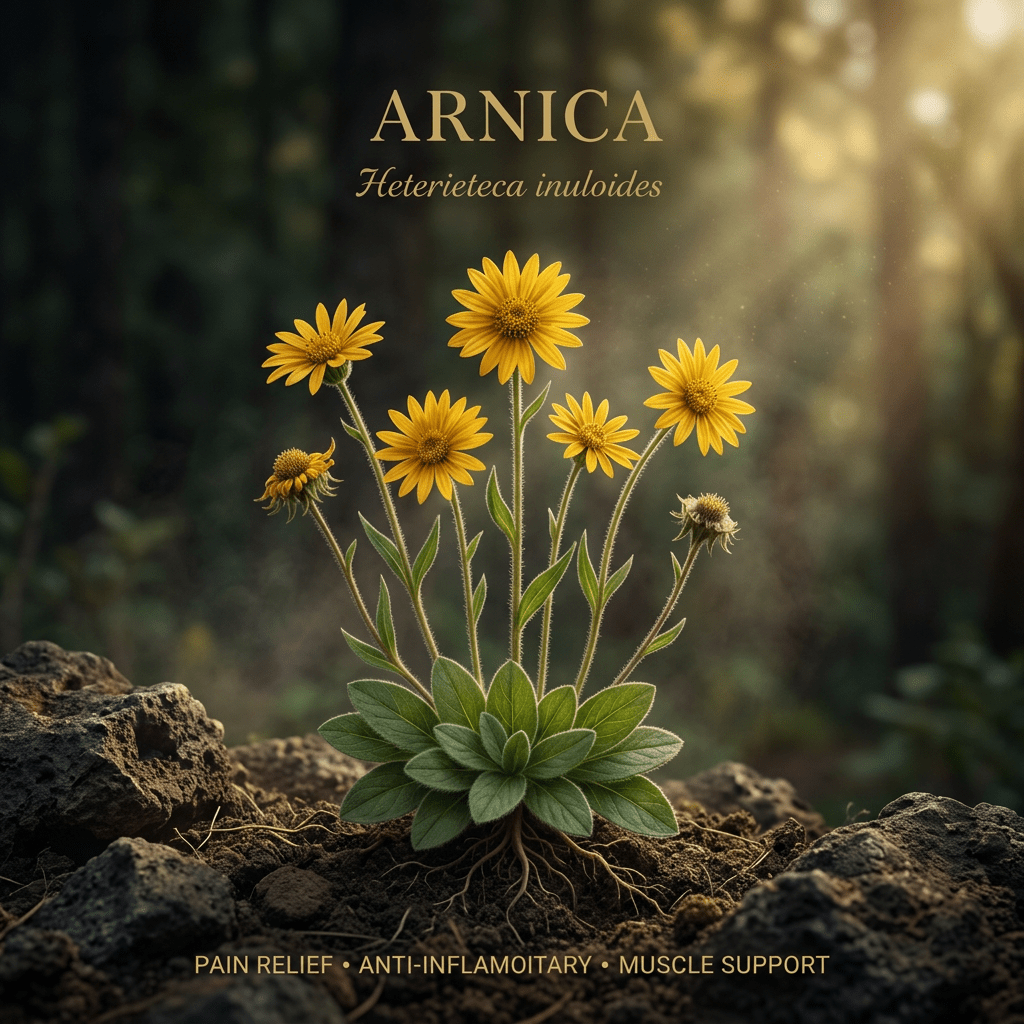 Arnica editorial image in golden highland woodland light