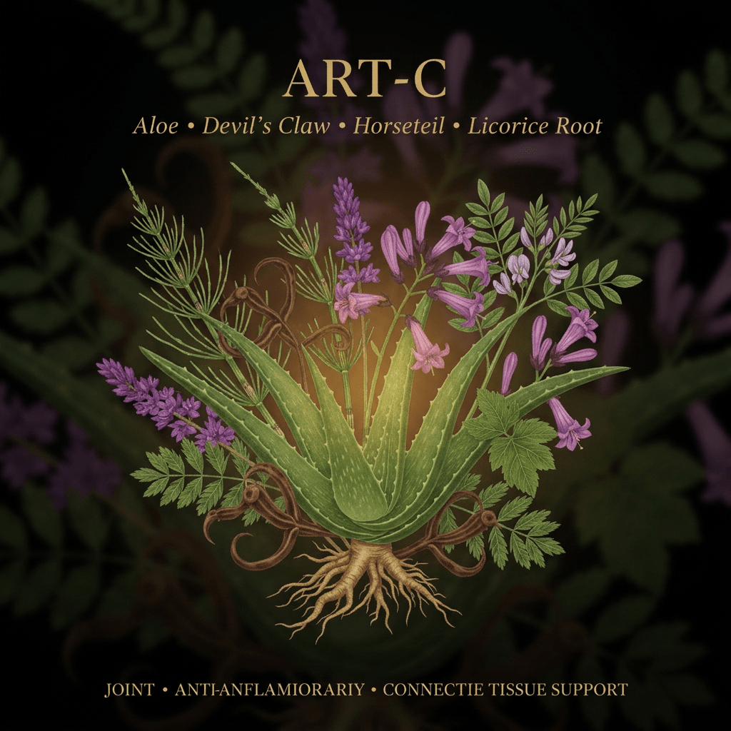 ART-C botanical editorial image with gold serif text